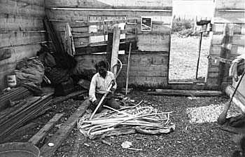 Making snowshoe frames in Teslin, 1941
