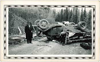 A crackup on the Alcan (Alaska) Highway, 1943.
