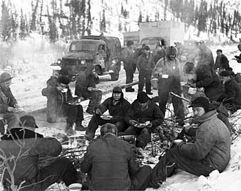 A pipeline crew eating lunch