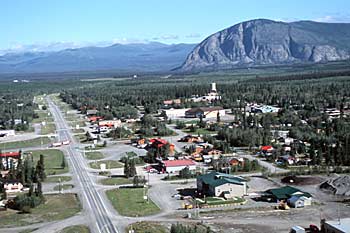 Aerial view of Haines Junction with Pilot Mountain in the background.